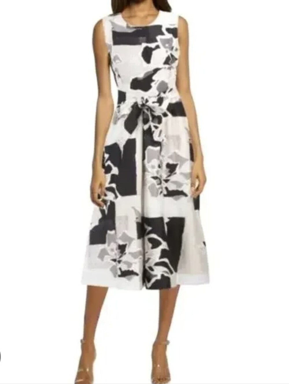 Natori Amaryllis Jacquard Pleated Skirt Belted Midi Cream/Black Dress Sz 6